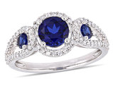 1.30 Carat (ctw) Lab Created Blue Sapphire Three Stone Ring in 10K White Gold with 1/3 Carat (ctw) Diamonds